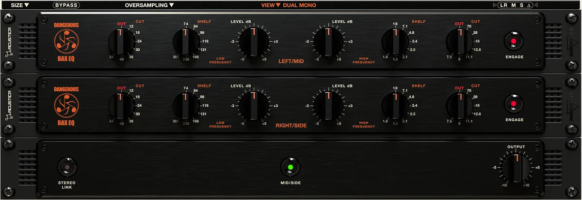 The BAX EQ plugin in its Dual Mono view, with independent left and right channel control.
