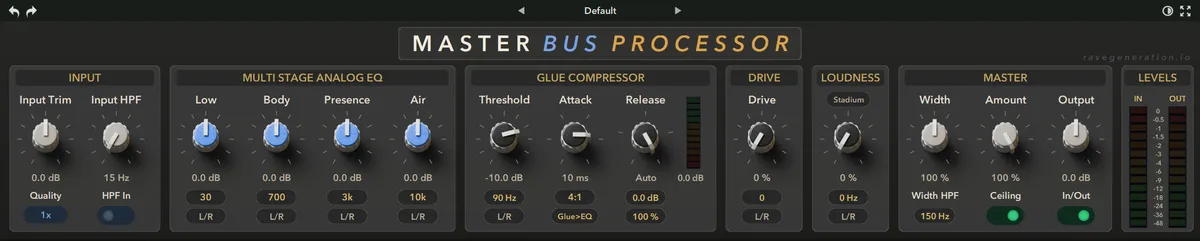 The Master Bus Processor interface, with its EQ, glue compressor, loudness, drive, width and output stages laid out in one window.